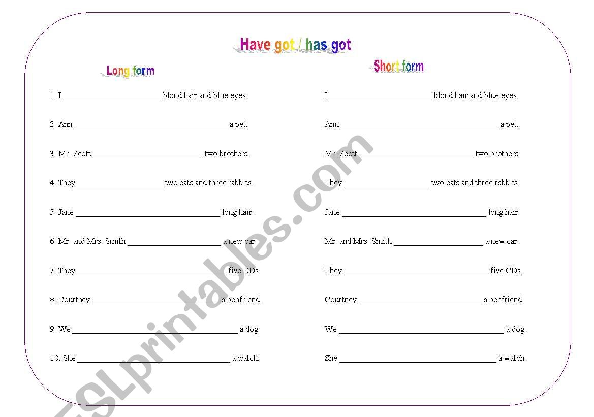 Have got, has got worksheet