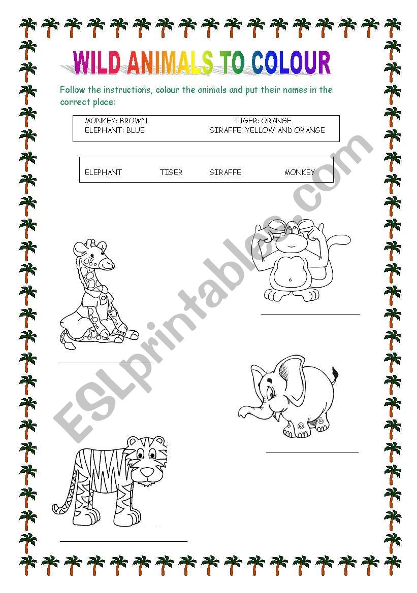 WILD ANIMALS TO COLOUR worksheet