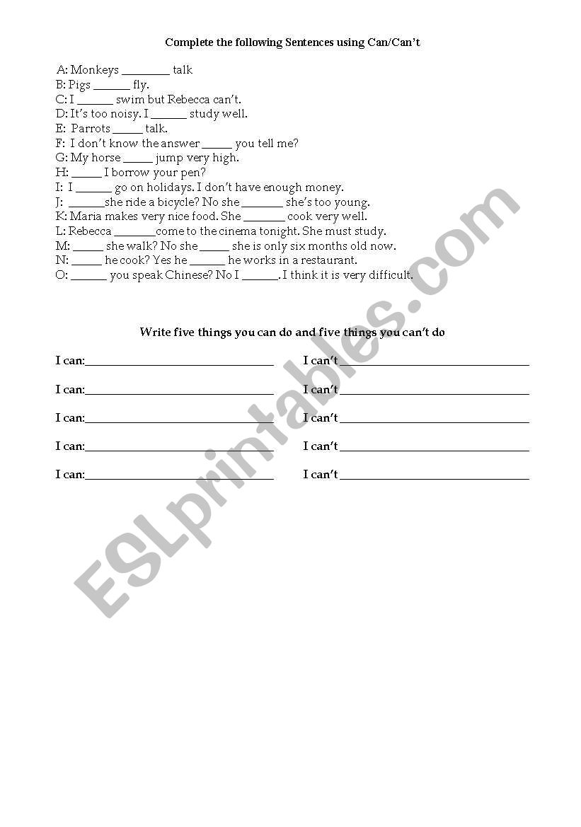 CAN/CANT Worksheet (1 of 2) worksheet