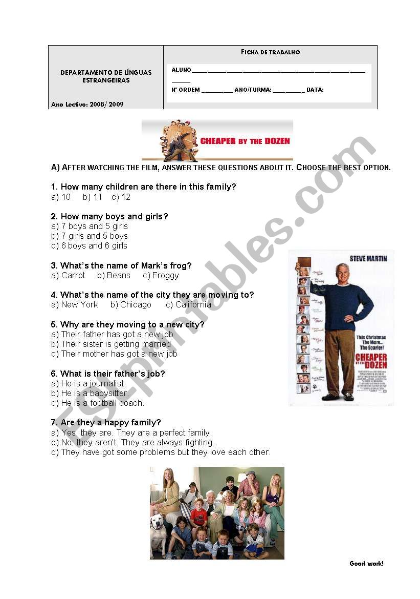 Cheaper by the dozen worksheet