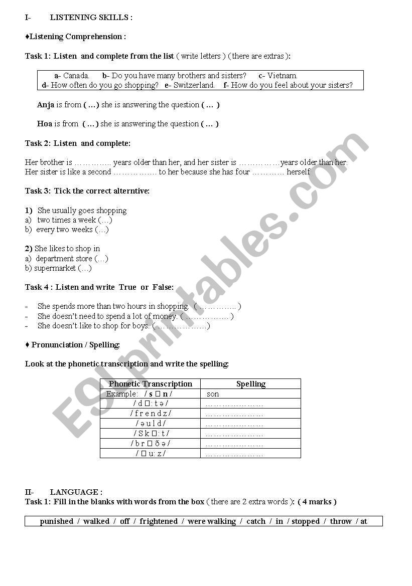 Testing worksheet