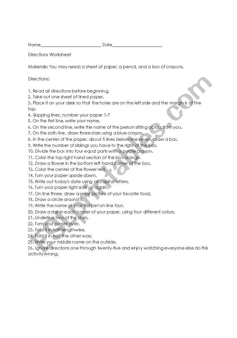 Directions for 5th Grade Worksheet