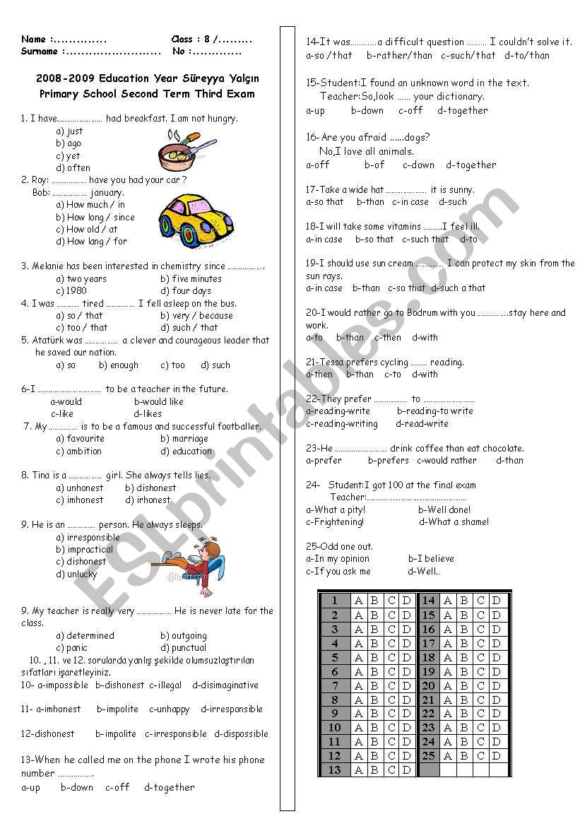 8th grade exam worksheet