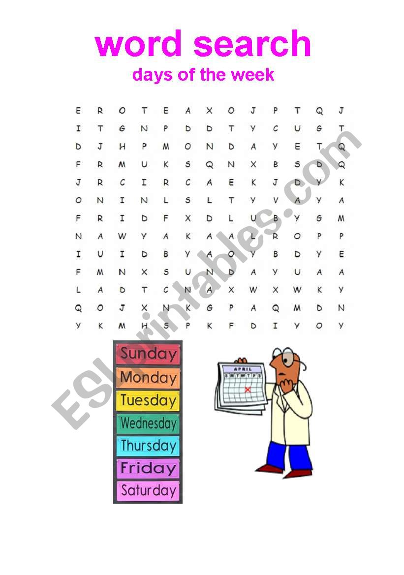 word search  days of the week worksheet