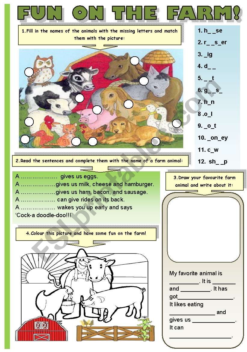 FUN ON THE FARM! (B&W VERSION INCLUDED!!!) - FARM ANIMALS (4 different activities:spelling and matching, completing the sentences, writing activity and colouring)
