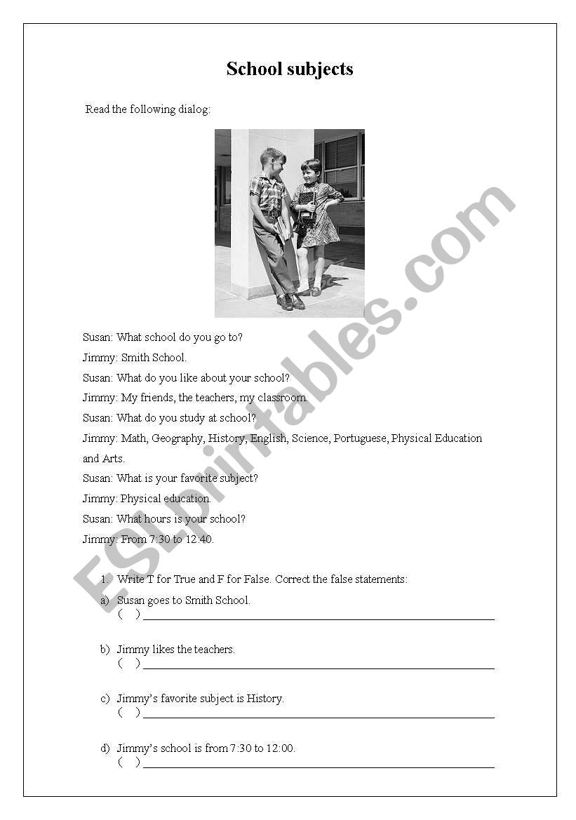 School subjects worksheet