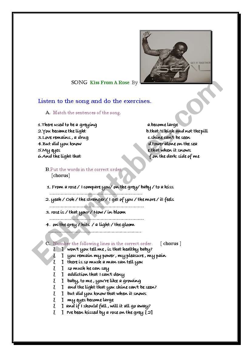 Song A kiss from a rose worksheet