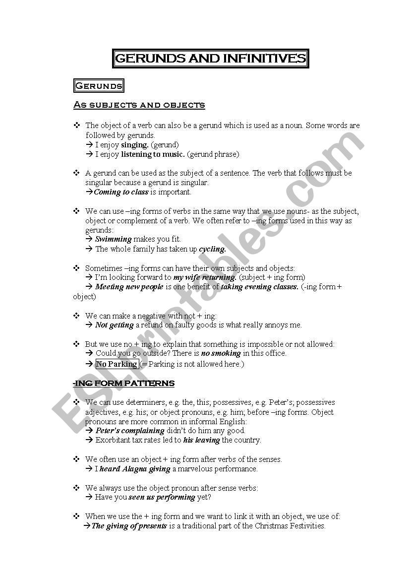 gerund and infinitives worksheet