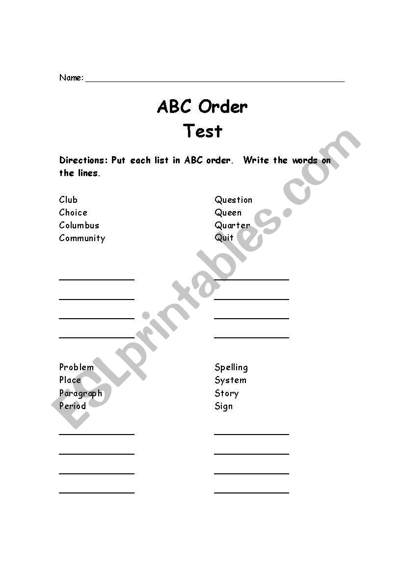 ABC Order Test worksheet