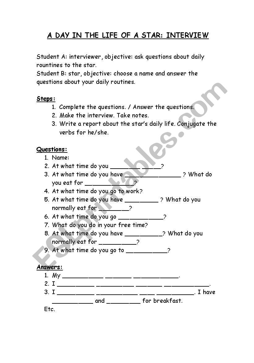 Interview to a star worksheet
