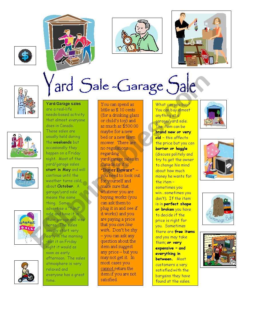 Shopping -Yard - garage Sales worksheet