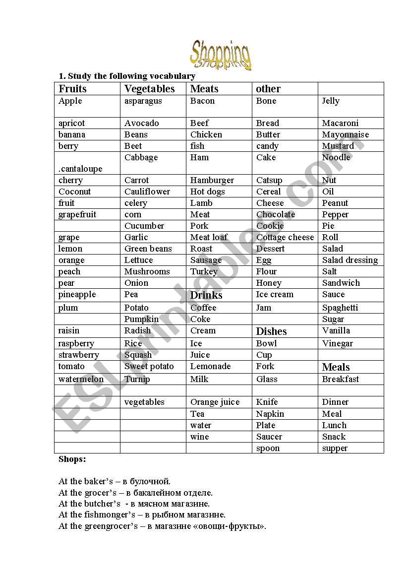 Shopping worksheet
