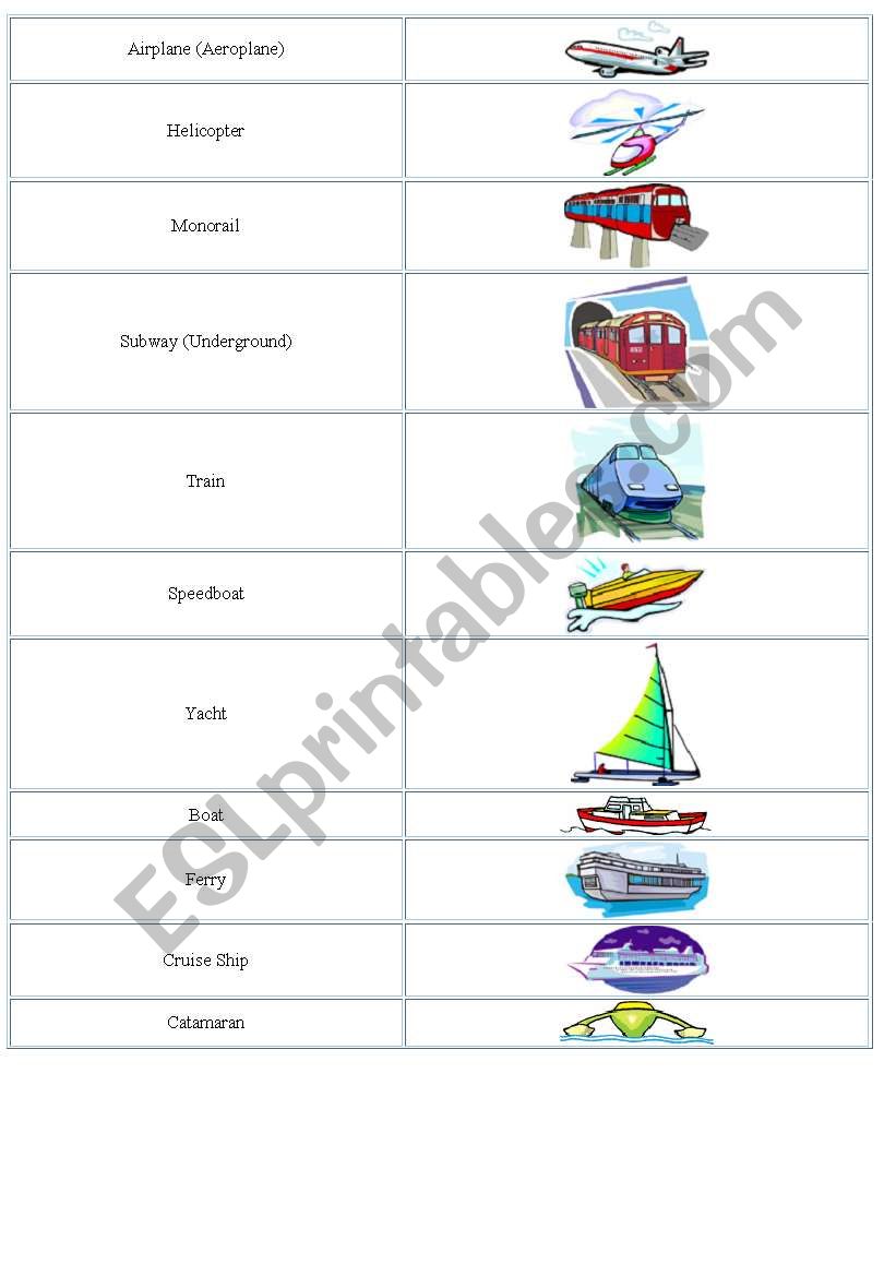 Means of transport worksheet