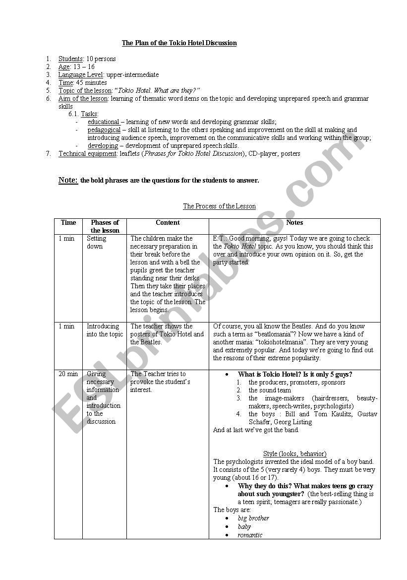 Tokio Hotel Discussion  worksheet