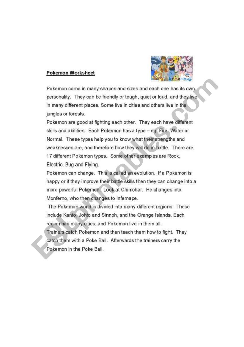 POKEMON 4 page WS - Reading + comprehension excercises etc