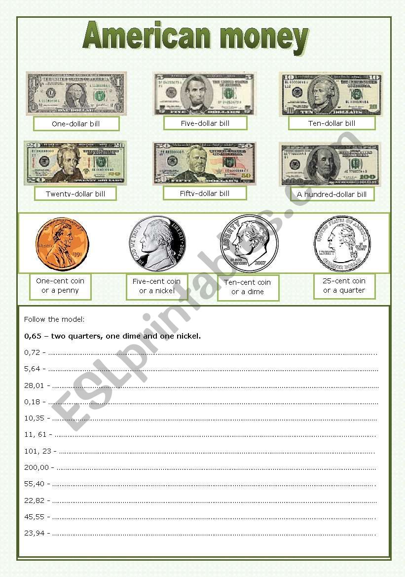 American money worksheet