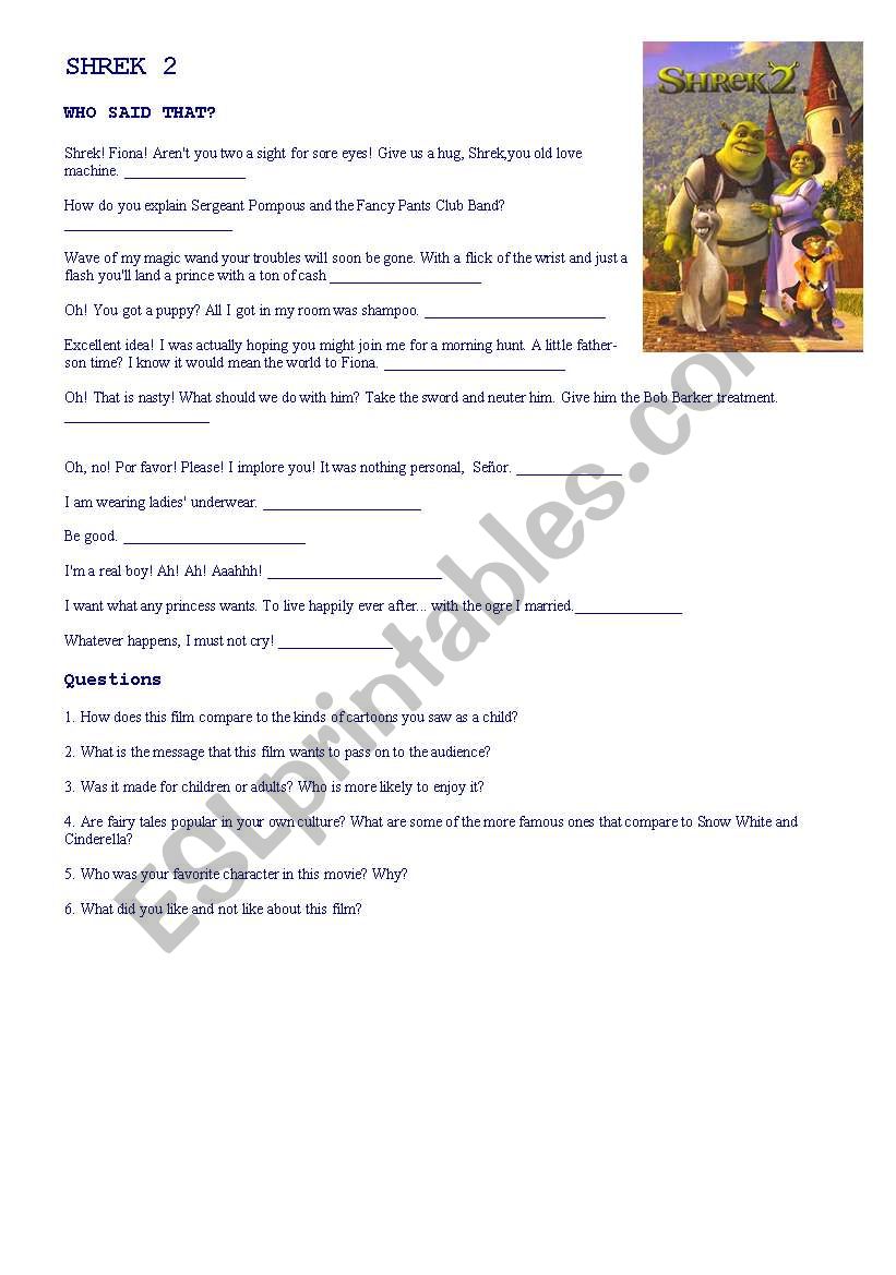 MOVIE - SHREK 2 worksheet