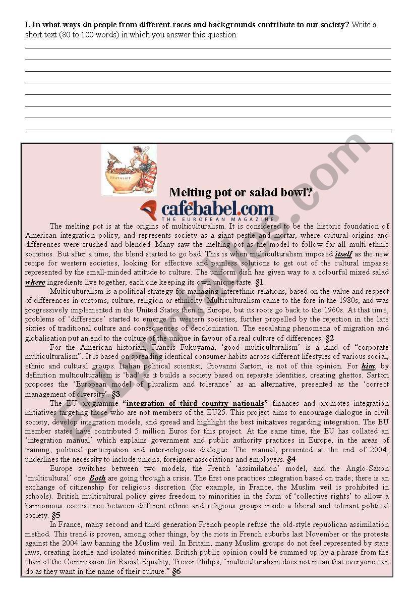 Melting pot or Salad Bowl worksheet