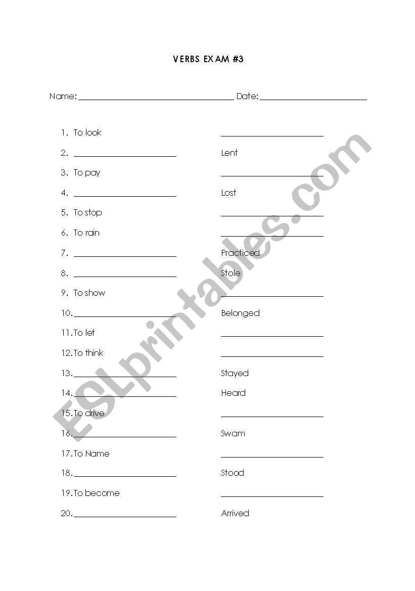 Verbs Exam for Simple Past worksheet
