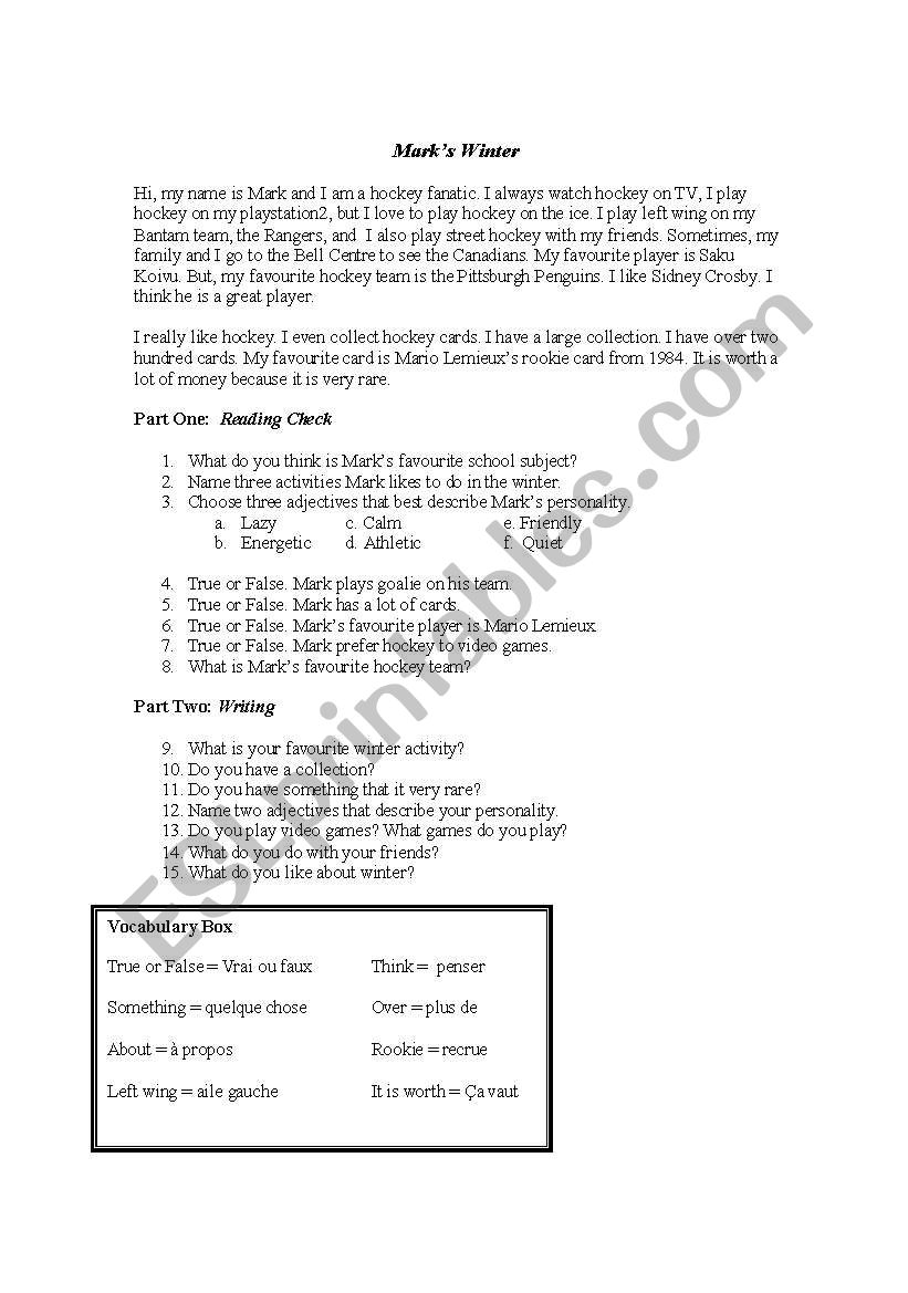 Marks Winter worksheet