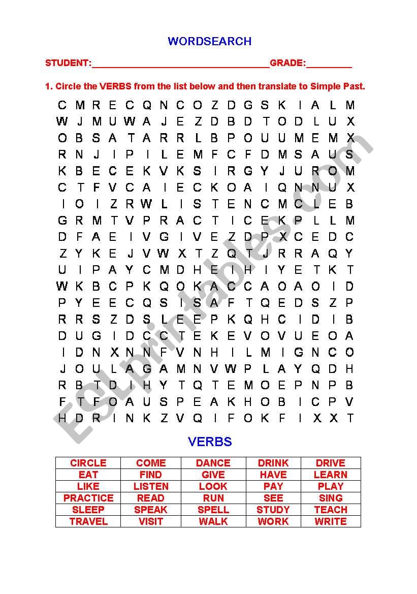 Word Search Verbs Worksheets