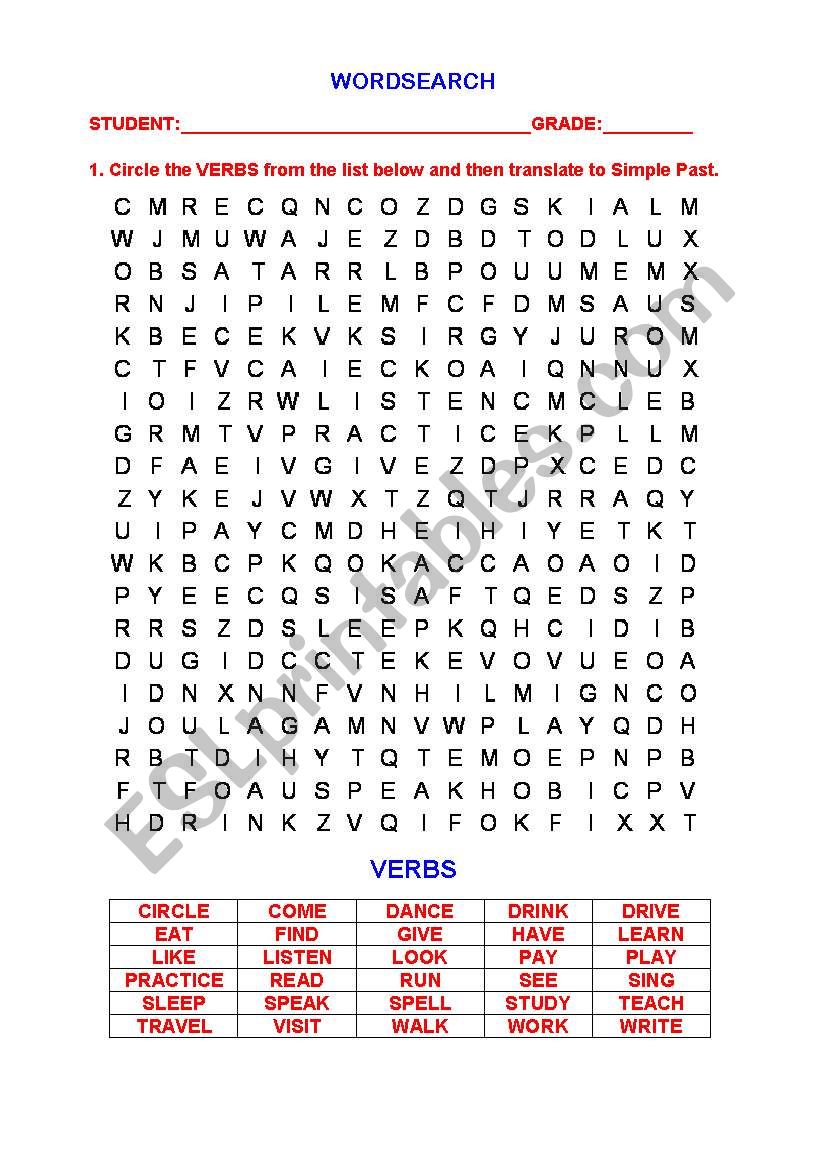 VERBS (WORD SEARCH) worksheet