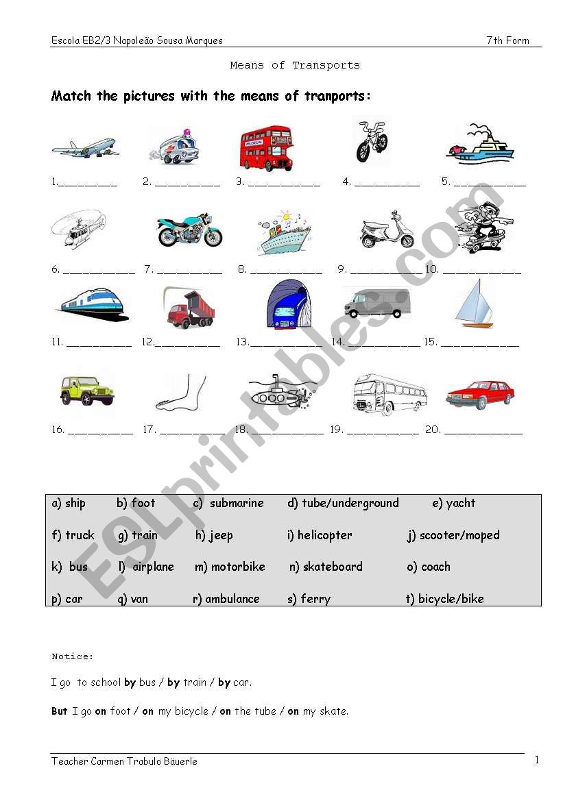 means of transports worksheet