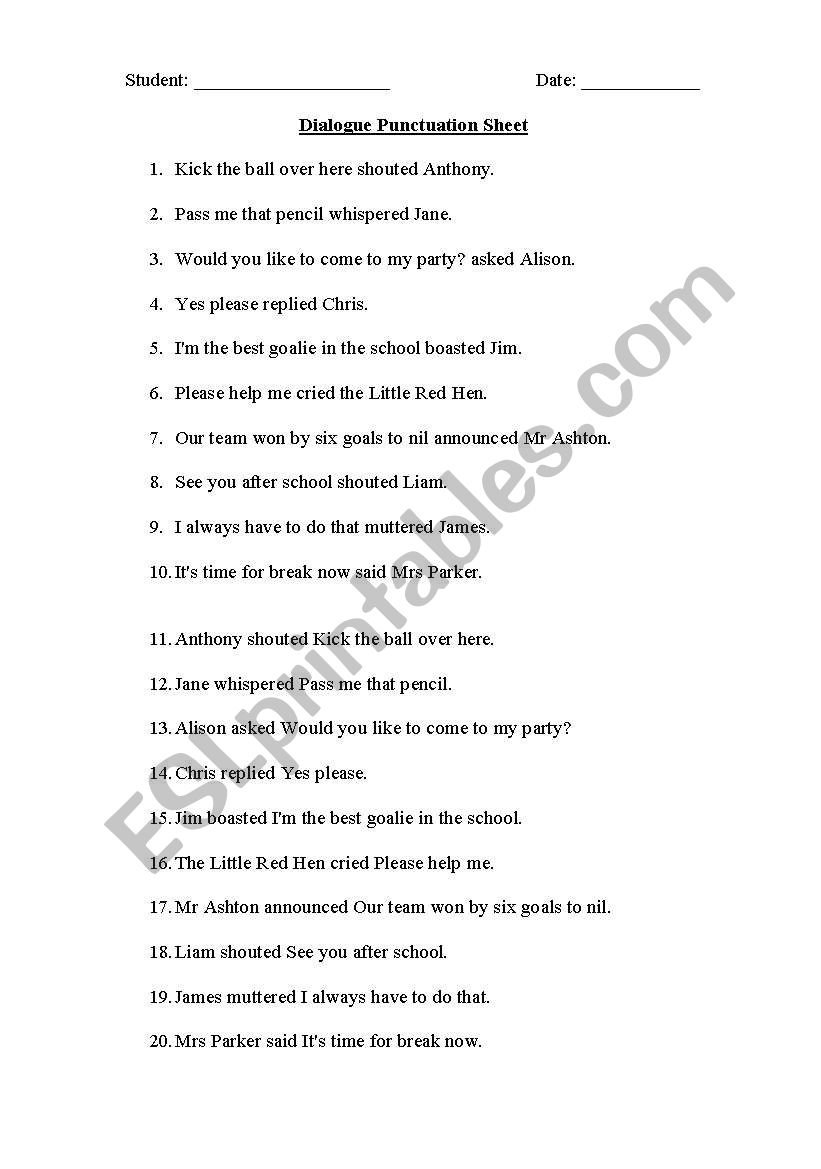 Dialogue Punctuation Sheet worksheet