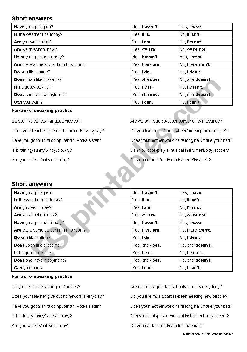 Short Answers worksheet