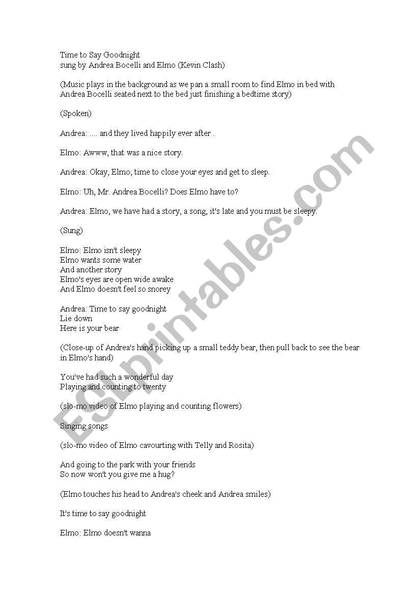 Time to say goodnight worksheet