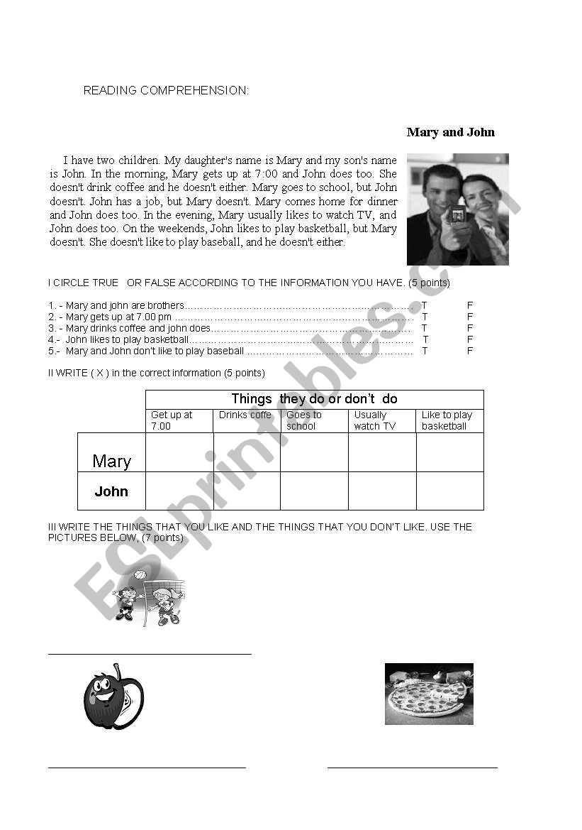 reading present simple worksheet