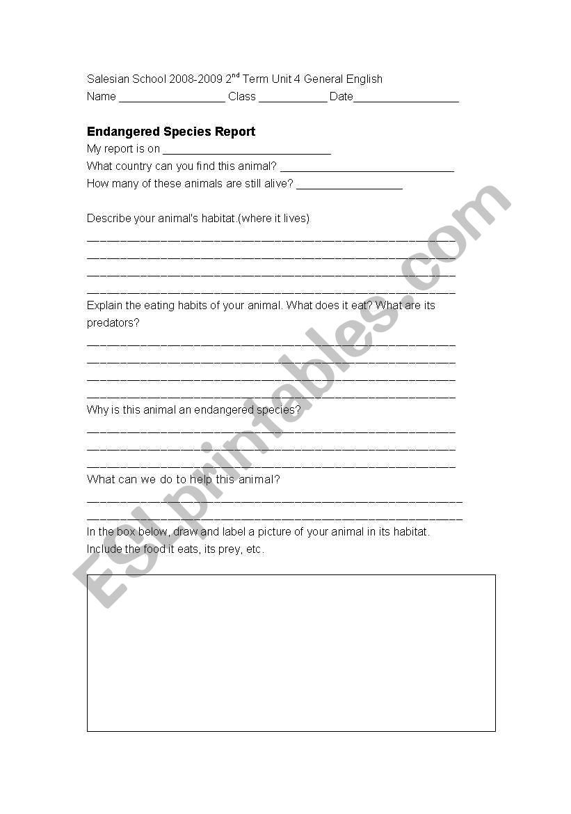 Endangered Animals report worksheet