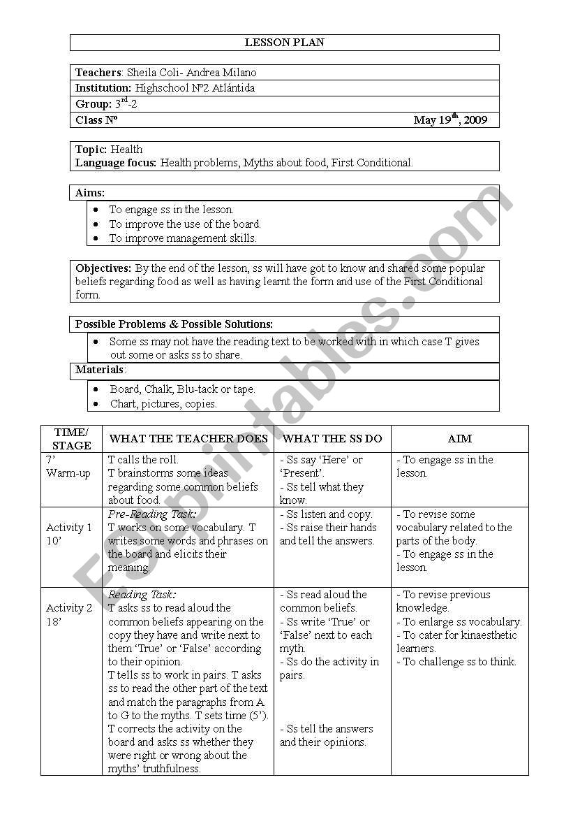 Myths about food worksheet