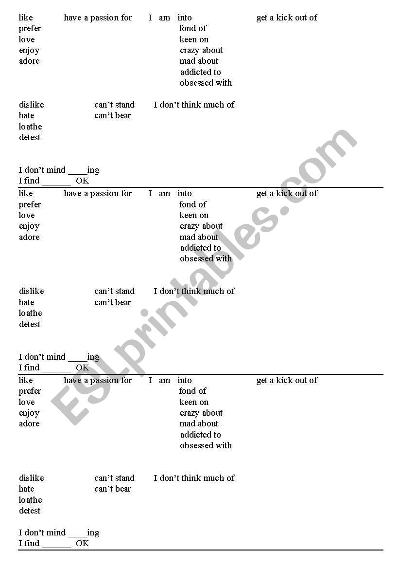 LIKES and DISLIKES phrases worksheet