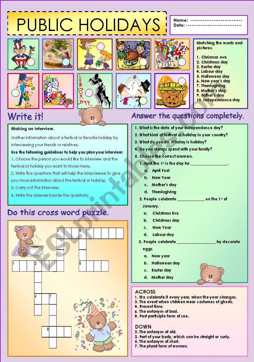 Public Holidays worksheet