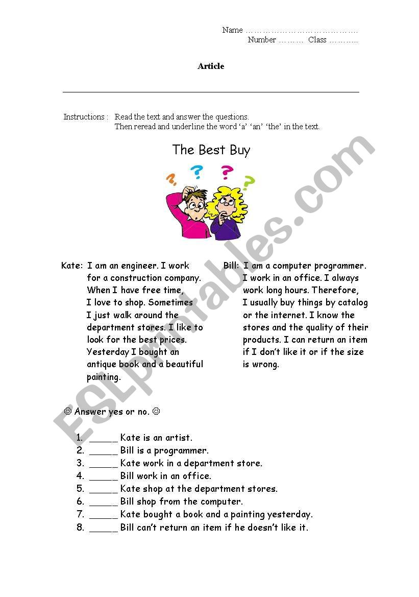 Articles worksheet