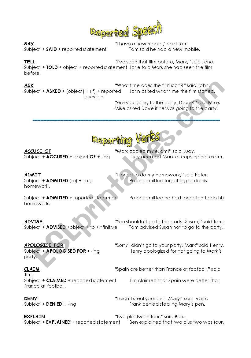 Reporting Verbs worksheet