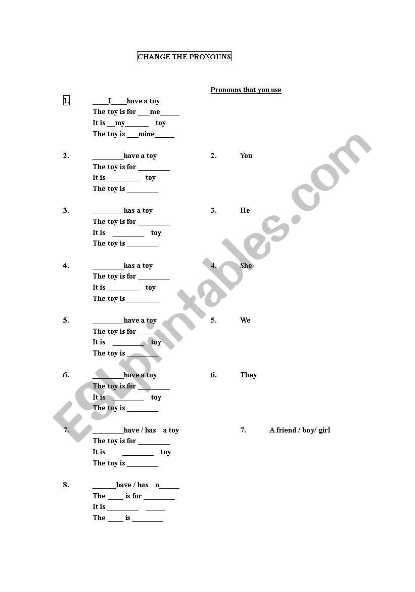 Changing the pronouns worksheet