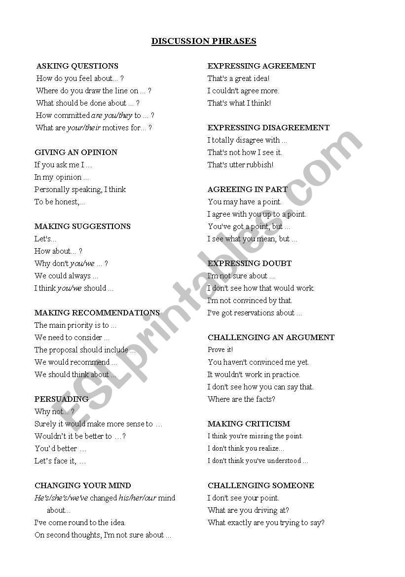 Discussion Phrases worksheet
