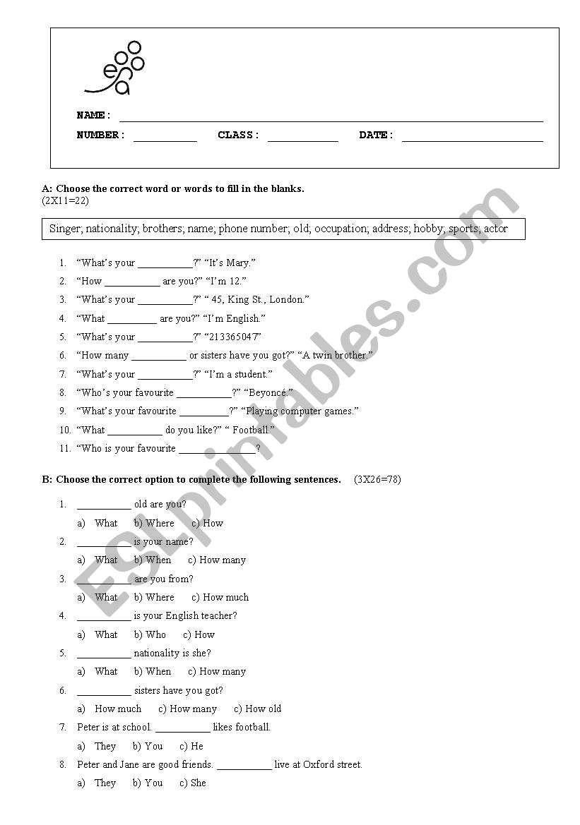 personal identification worksheet