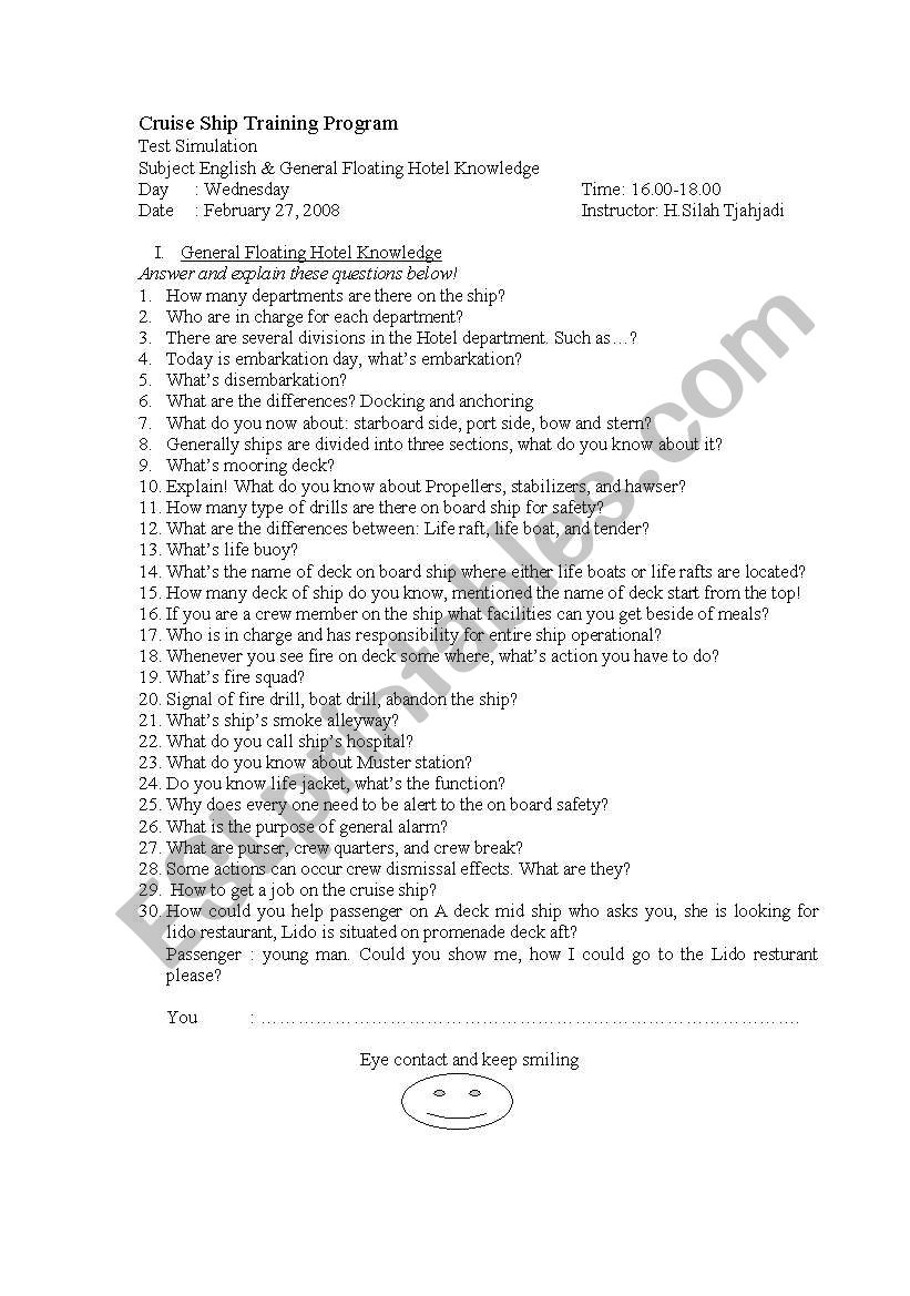 Cruise Ship Knowledge worksheet