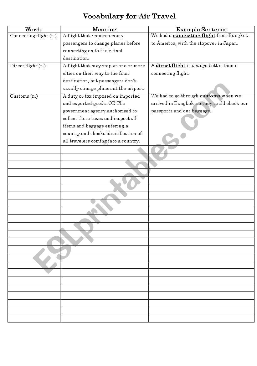 Vocabulary for Air Travel worksheet