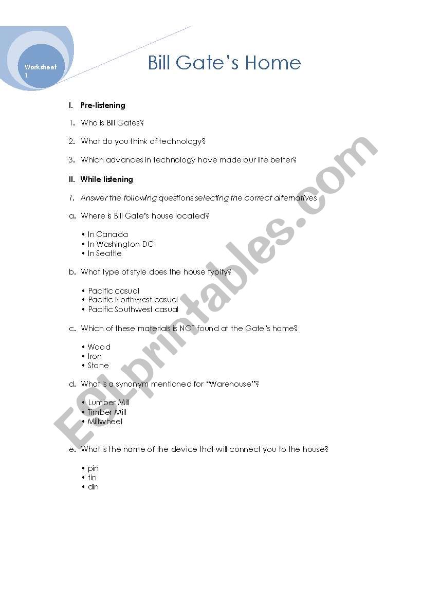 Bill Gates home worksheet