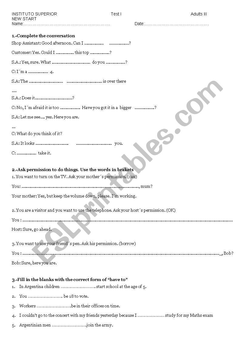 pre-intermediate test worksheet