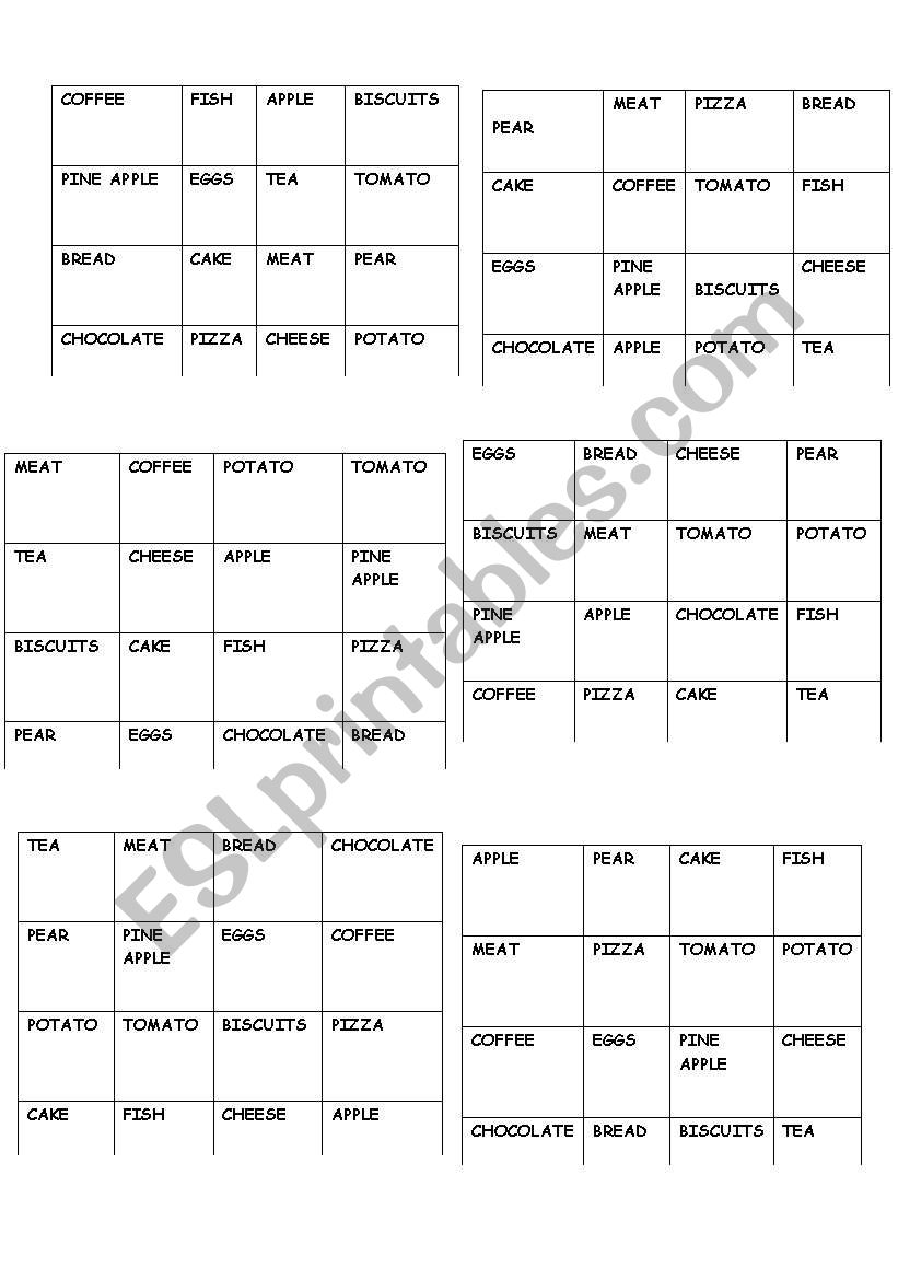 food worksheet