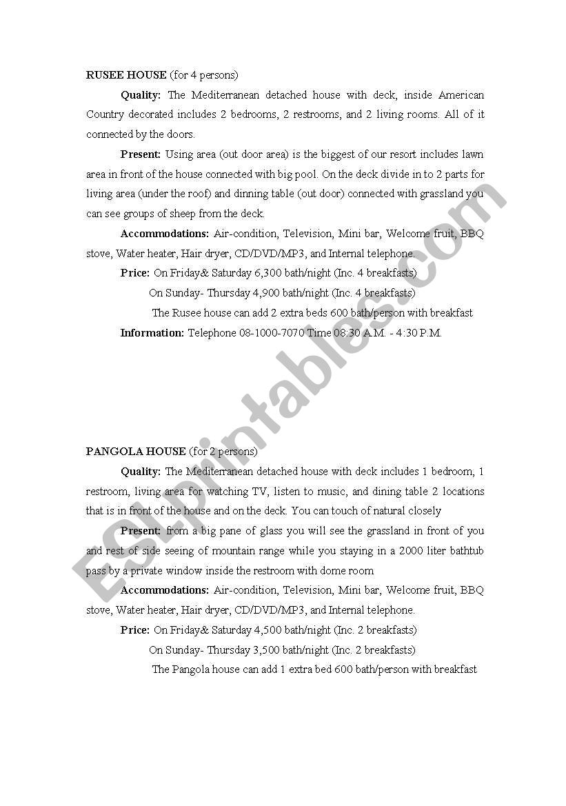 describe in case of  hotel worksheet