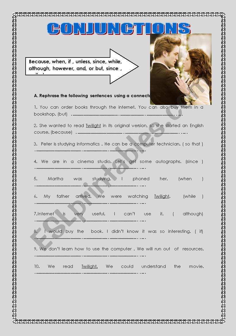 conjunctions; rephrasing worksheet