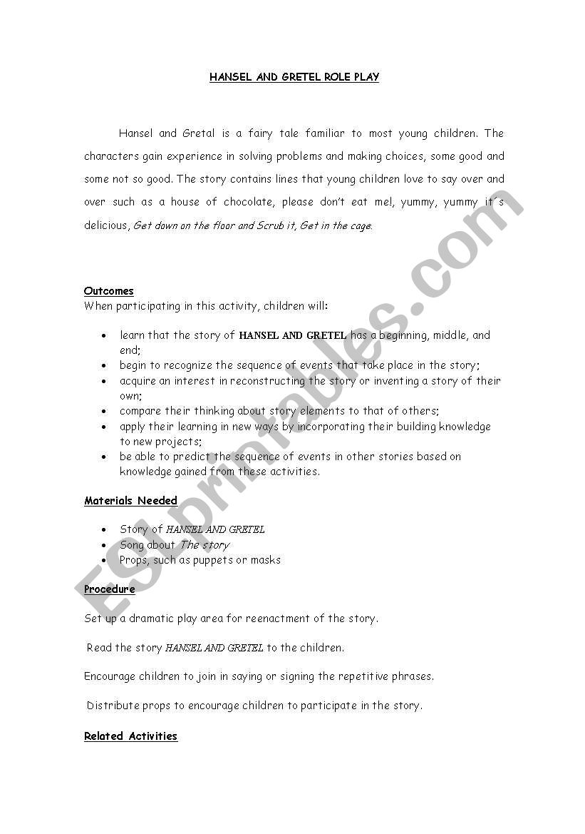 Hansel and Gretel role play worksheet