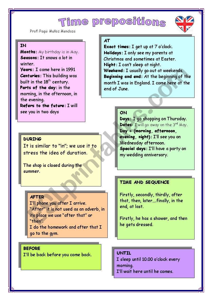 TIME PREPOSTIONS THEORY AND PRACTICE TWO PAGES