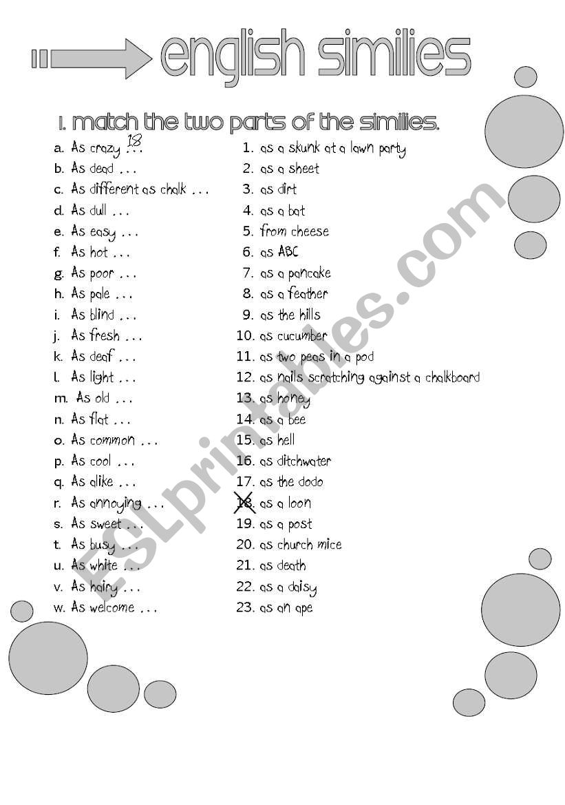 English Similies (as old as the hills etc.) 2 pages black&white printer-friendly